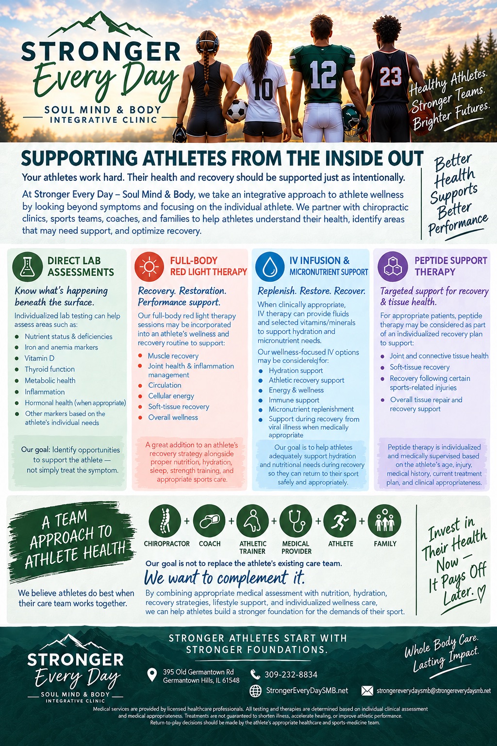 Stronger Every Day athlete wellness: lab assessments, red light therapy, IV infusion, peptide support.