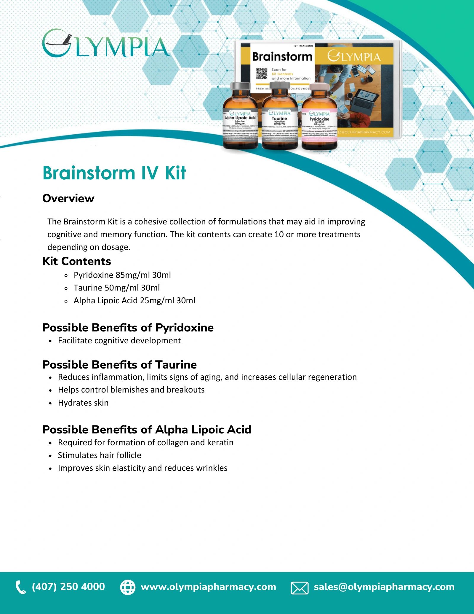 Olympia Brainstorm IV Kit information sheet, page 1: original pharmacy product information