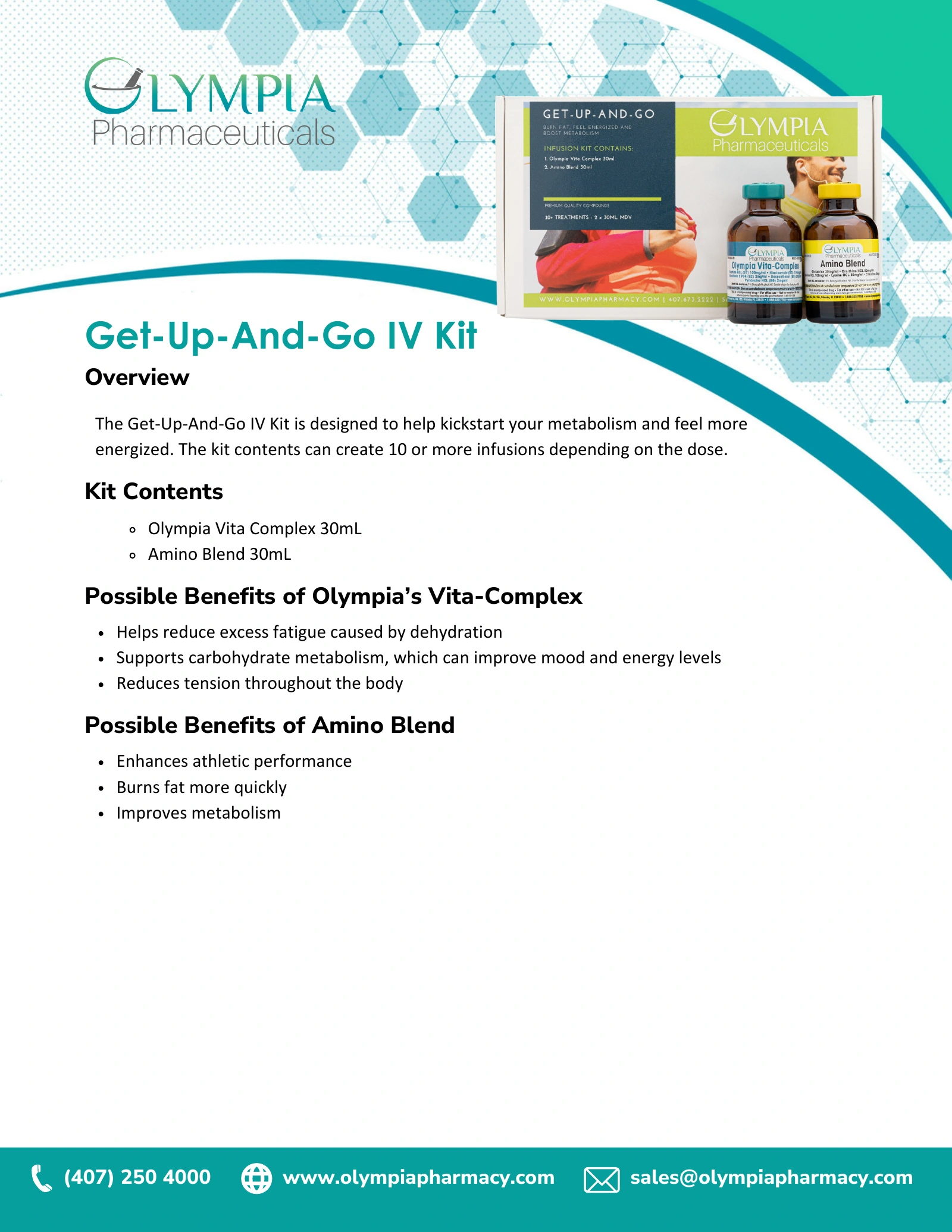 Olympia Get-Up-and-Go IV Kit information sheet, page 1: original pharmacy product information