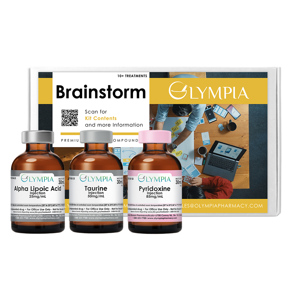 Olympia Brainstorm IV Kit package with Alpha Lipoic Acid, Taurine, and Pyridoxine vials