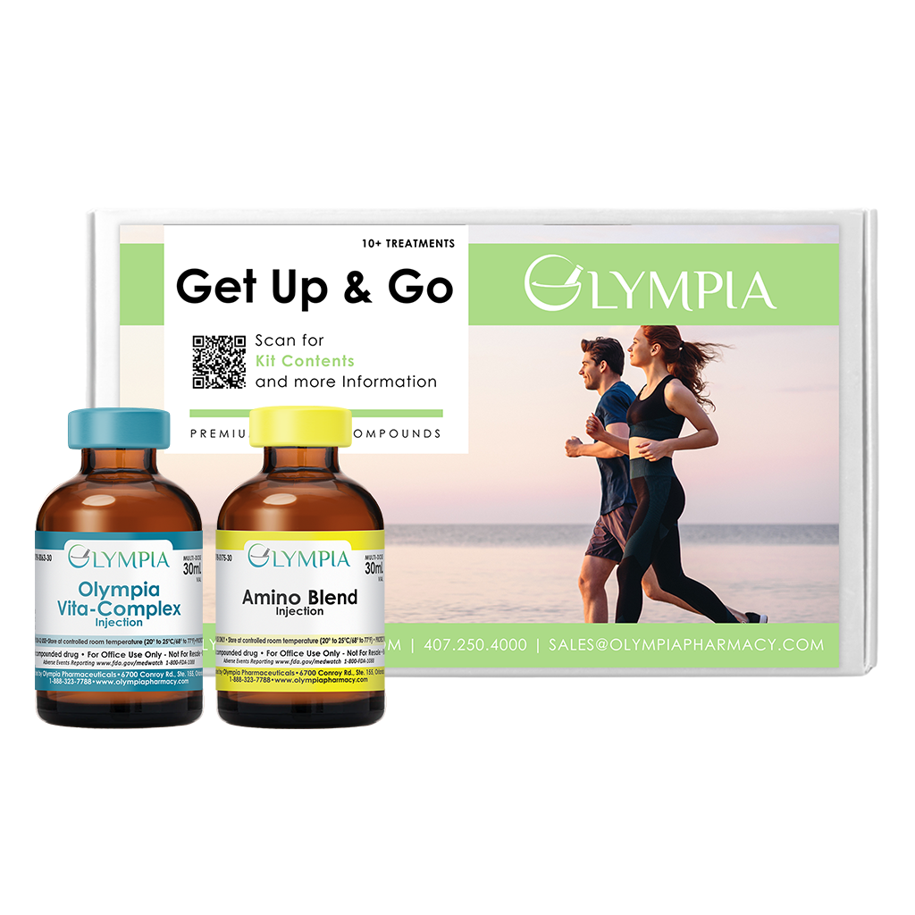 Olympia Get Up & Go IV Kit package with Olympia Vita-Complex and Amino Blend vials
