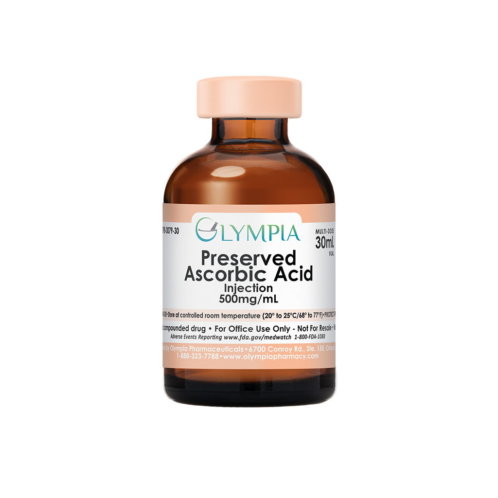 Olympia ascorbic acid vial shown as a vitamin C ingredient reference, not a confirmed infusion kit